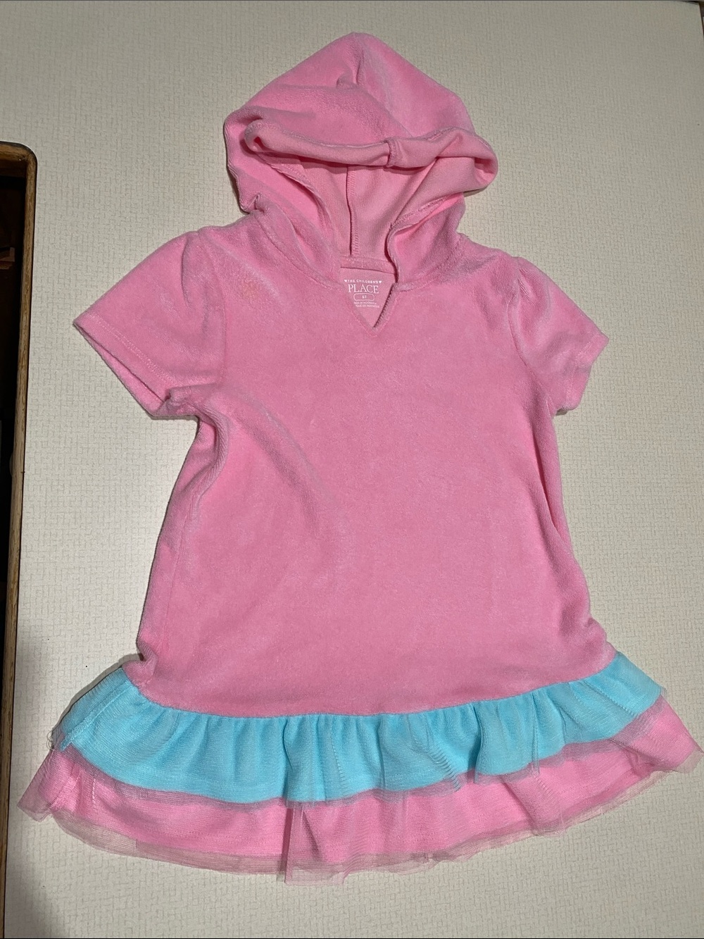 The Children's Place Pink Hooded Swim Cover-Up with Blue Ruffle Hem